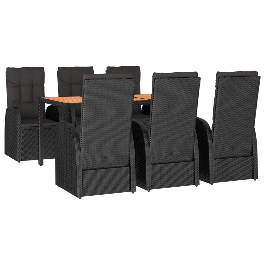 7 Piece Garden Dining Set Black Poly Rattan&Solid Wood Acacia