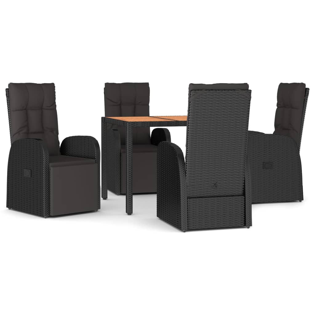 5 Piece Garden Dining Set Black Poly Rattan&Solid Wood Acacia