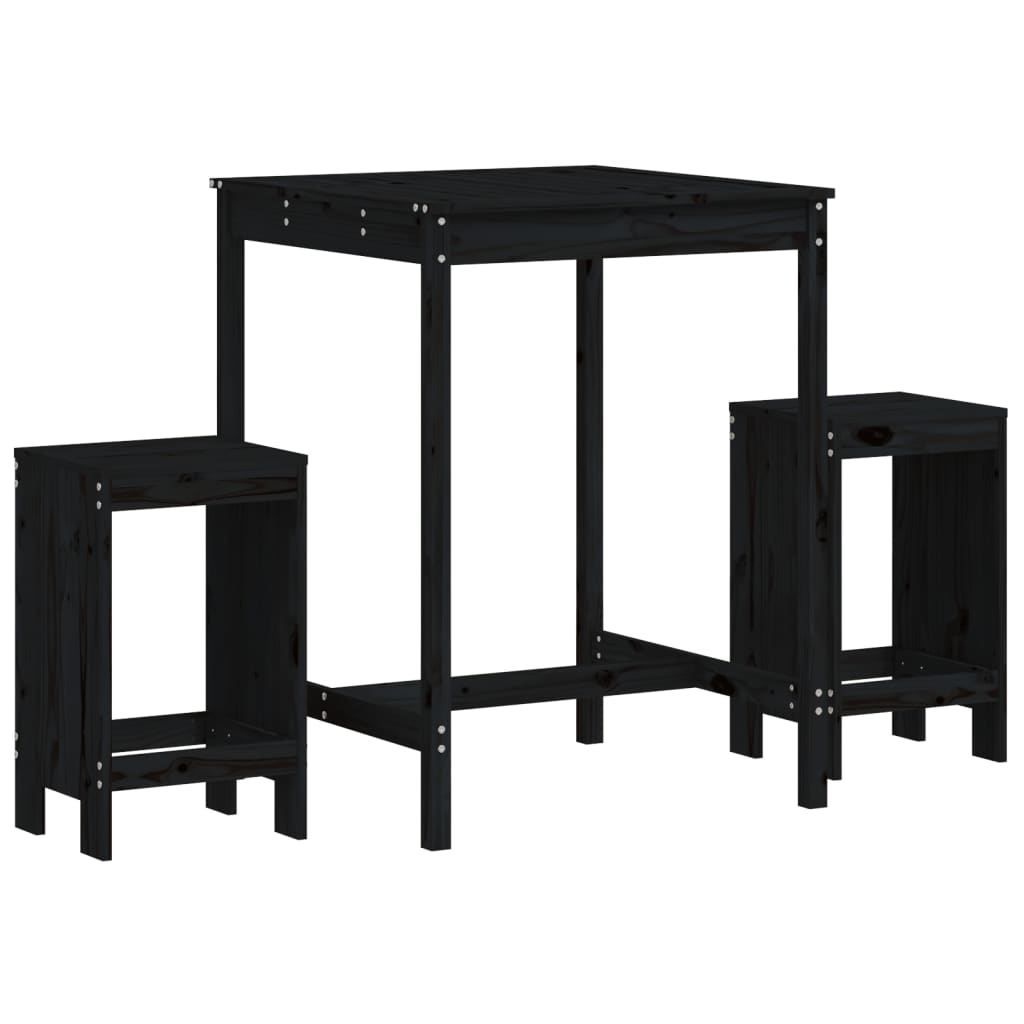 3 Piece Garden Bar Set Black Solid Wood Pine