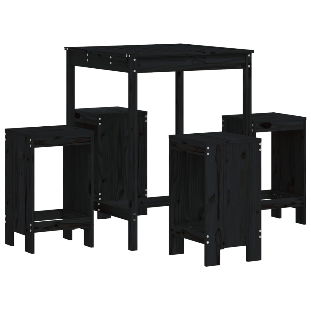 5 Piece Garden Bar Set Black Solid Wood Pine