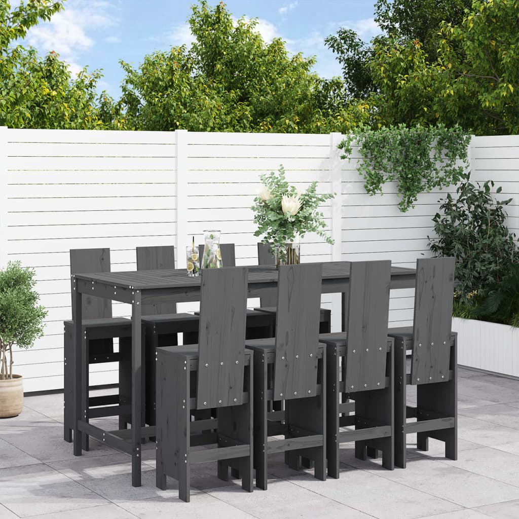 9 Piece Garden Bar Set Grey Solid Wood Pine