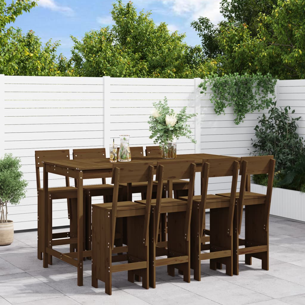 9 Piece Garden Bar Set Honey Brown Solid Wood Pine