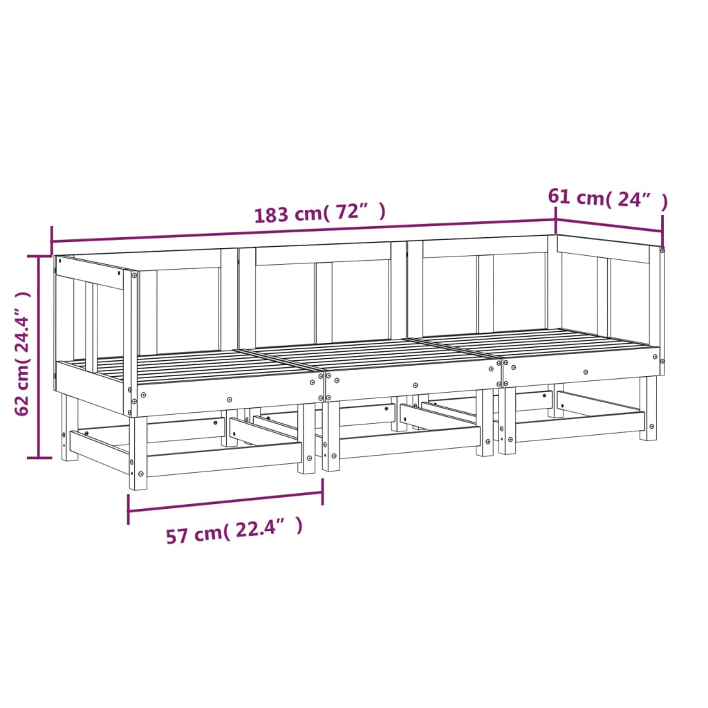 3 Piece Garden Lounge Set Black Solid Wood Pine