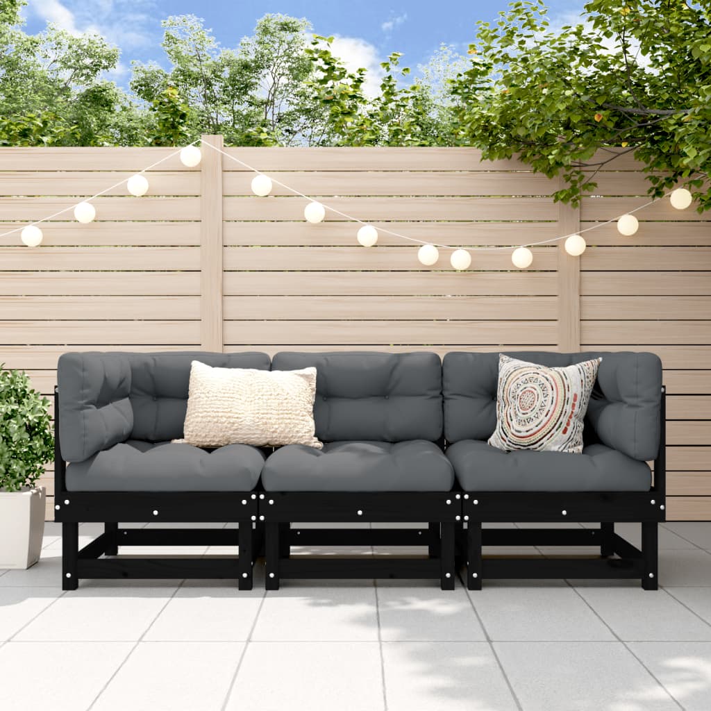 3 Piece Garden Lounge Set Black Solid Wood Pine