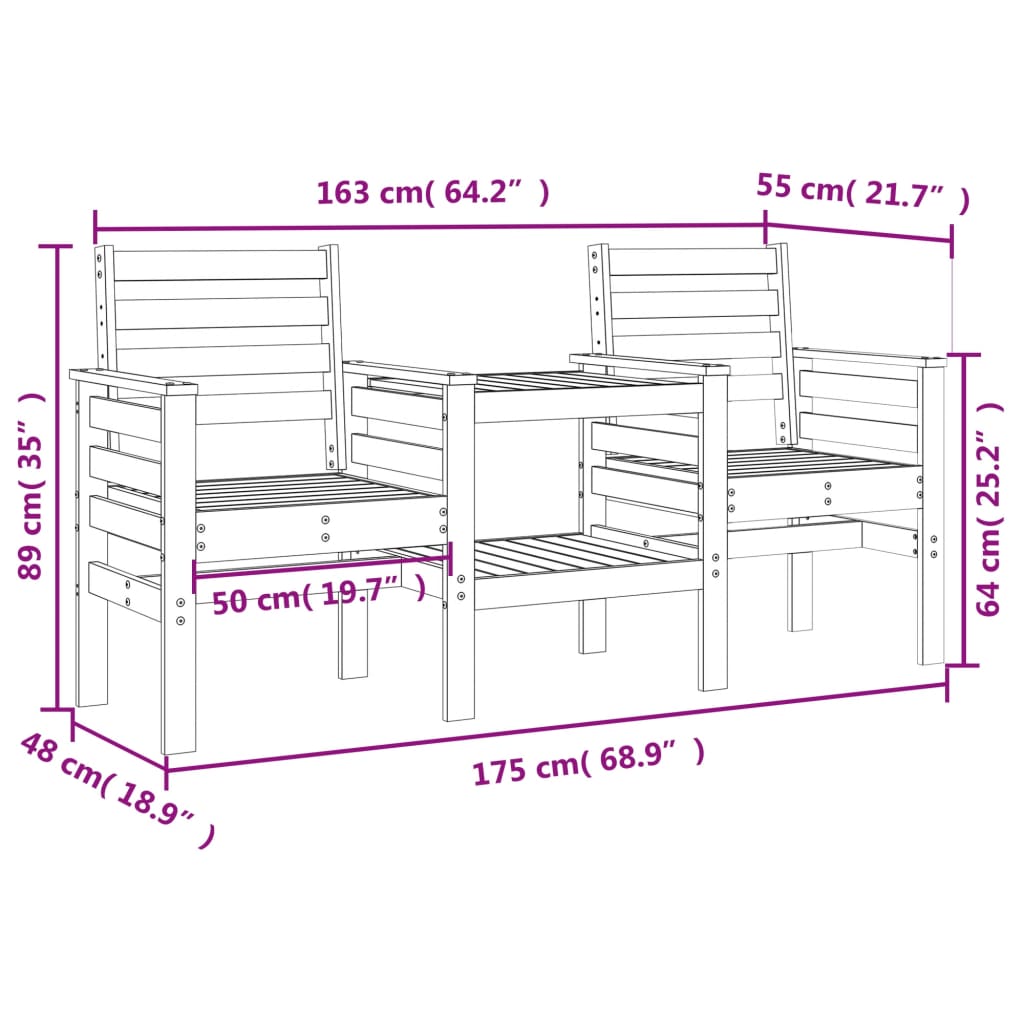Garden Bench with Table 2-Seater Solid Wood Pine