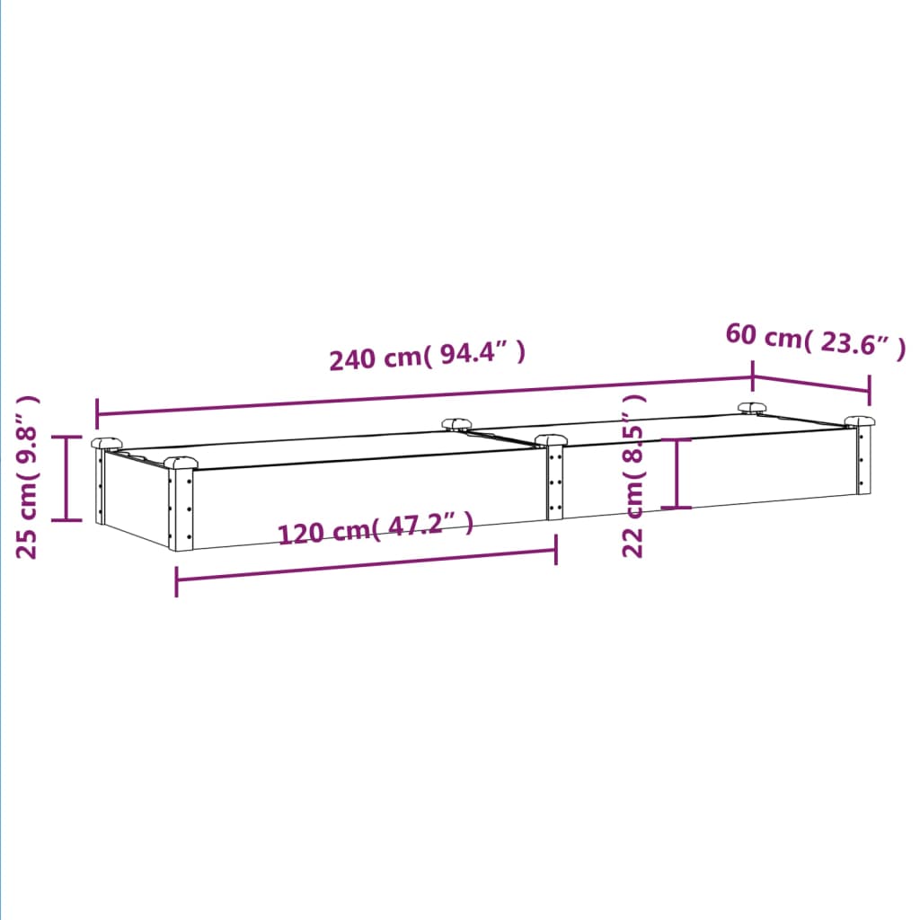 Garden Raised Bed with Liner 240x60x25 cm Solid Wood Fir