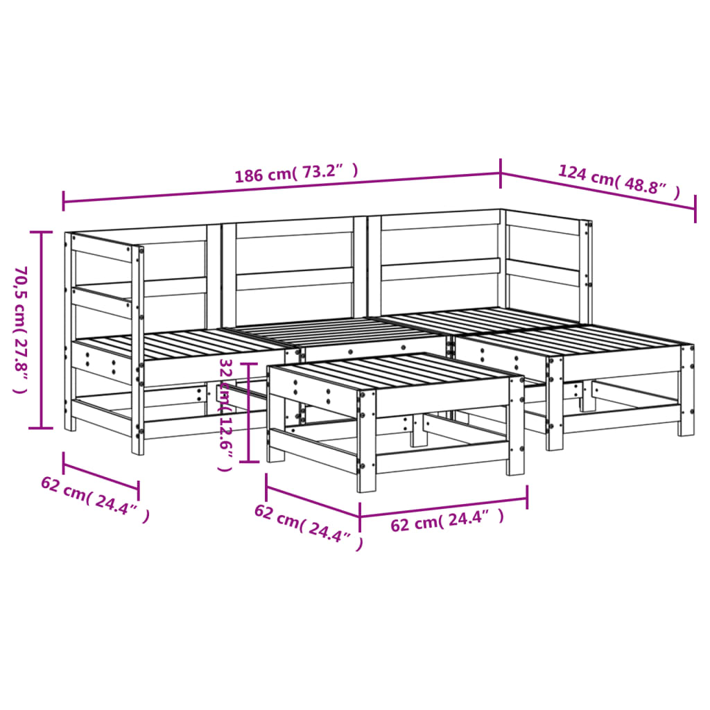 5 Piece Garden Lounge Set White Solid Wood Pine