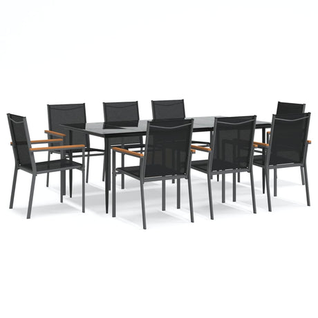 9 Piece Garden Dining Set Black Textilene and Steel