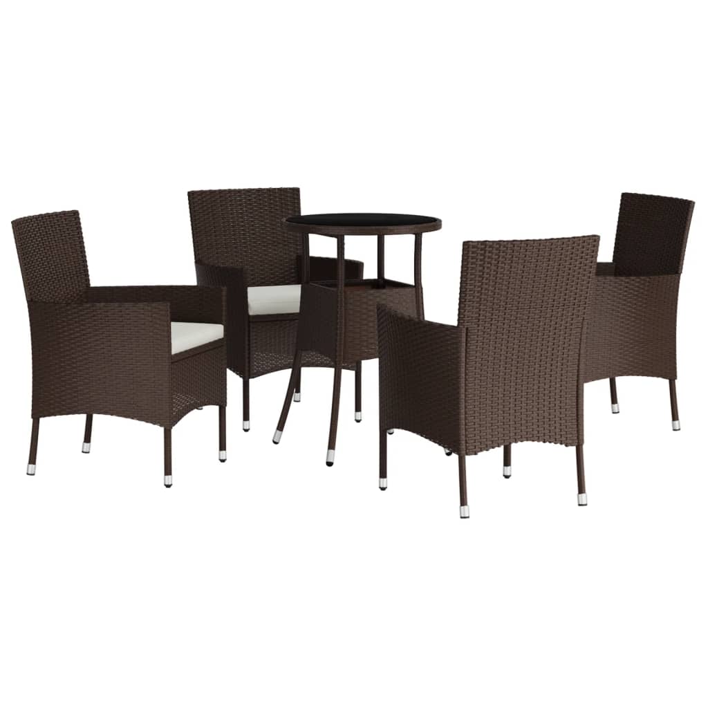 5 Piece Garden Bistro Set with Cushions Brown Poly Rattan