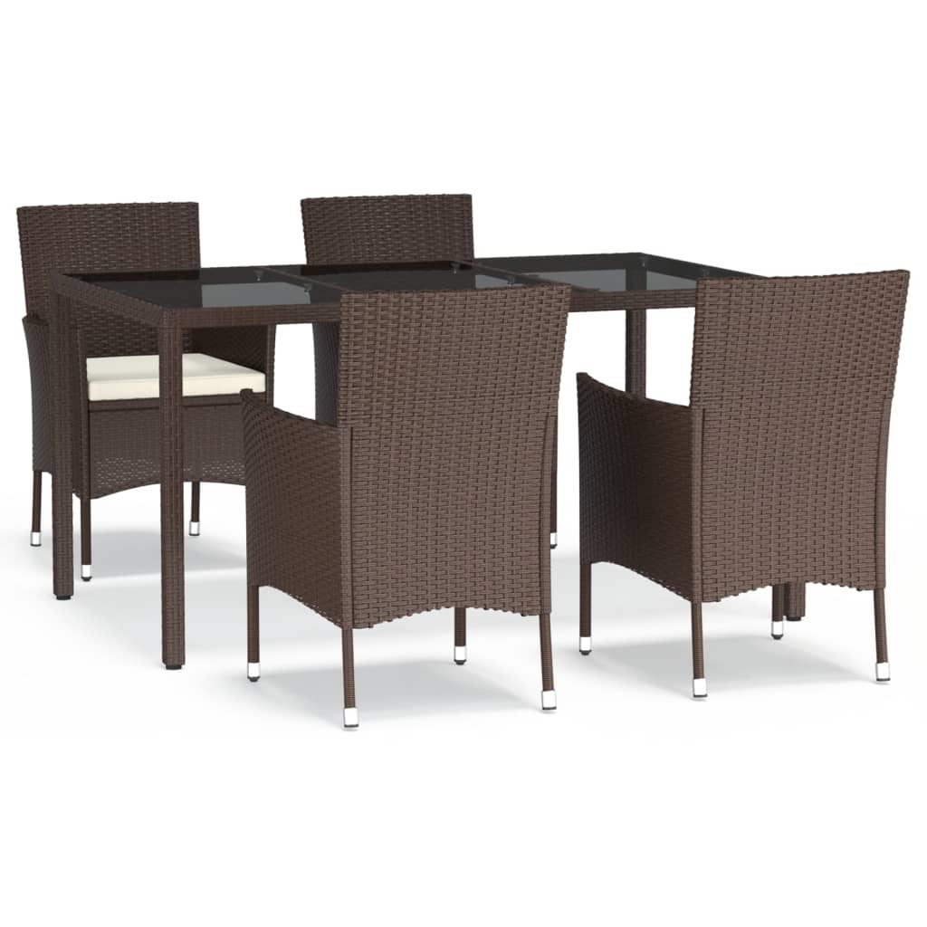 5 Piece Garden Dining Set with Cushions Brown Poly Rattan