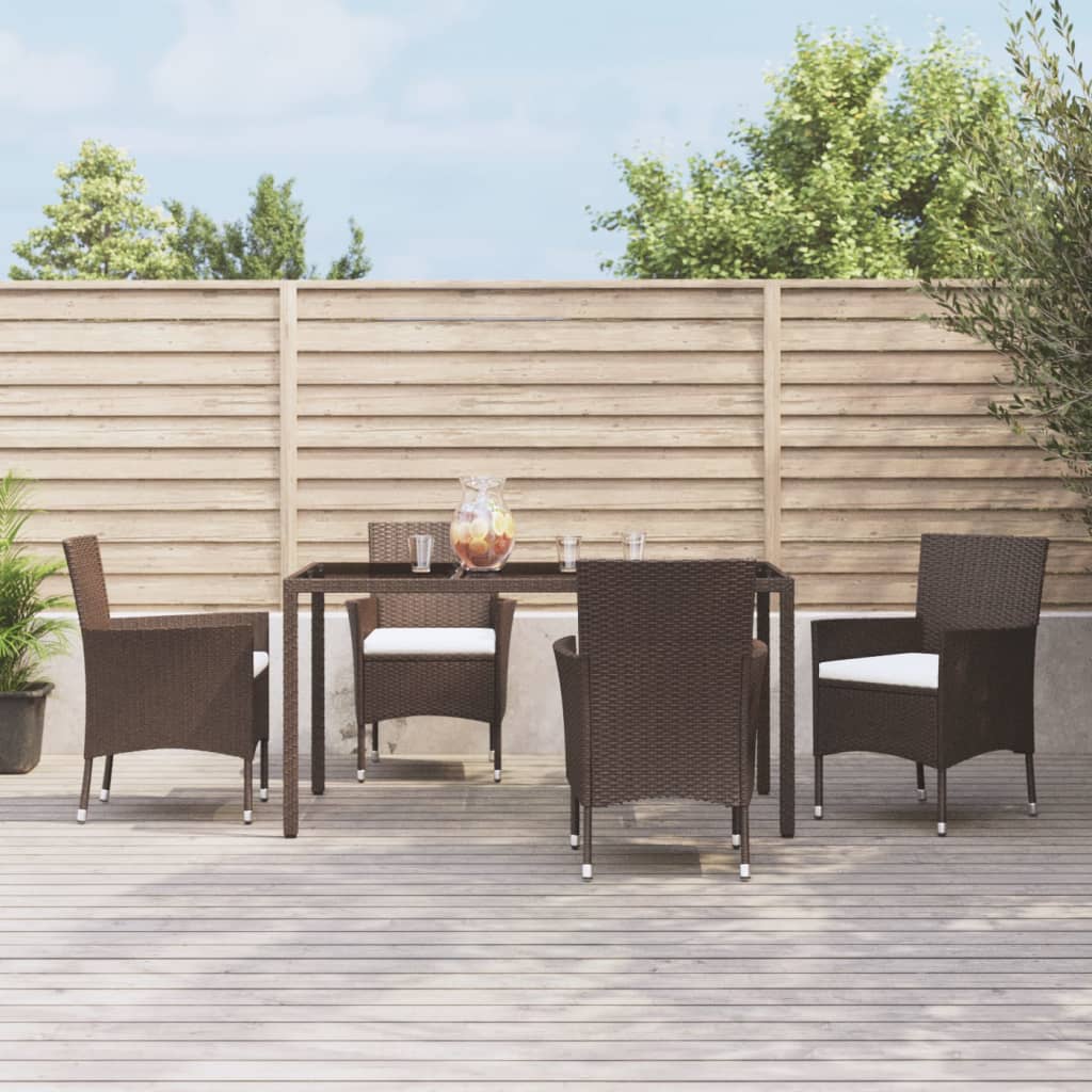 5 Piece Garden Dining Set with Cushions Brown Poly Rattan