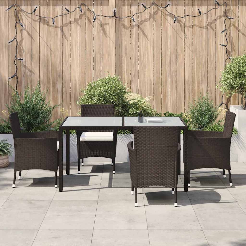 5 Piece Garden Dining Set with Cushions Brown Poly Rattan