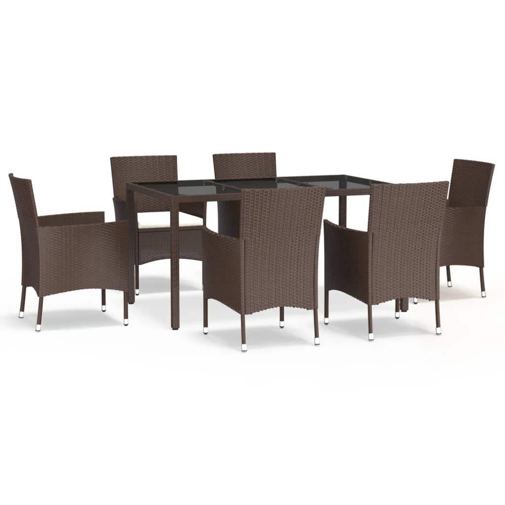 7 Piece Garden Dining Set with Cushions Brown Poly Rattan