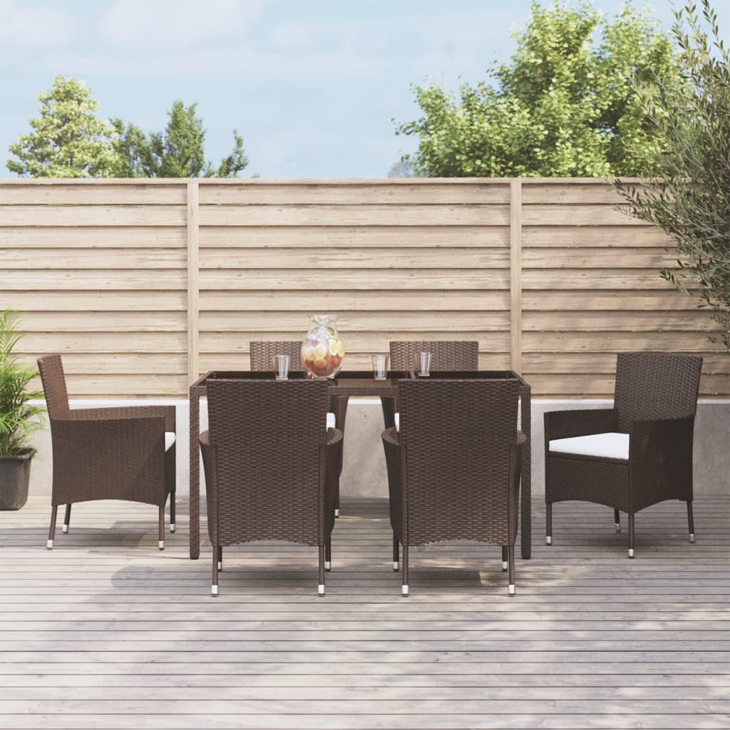 7 Piece Garden Dining Set with Cushions Brown Poly Rattan