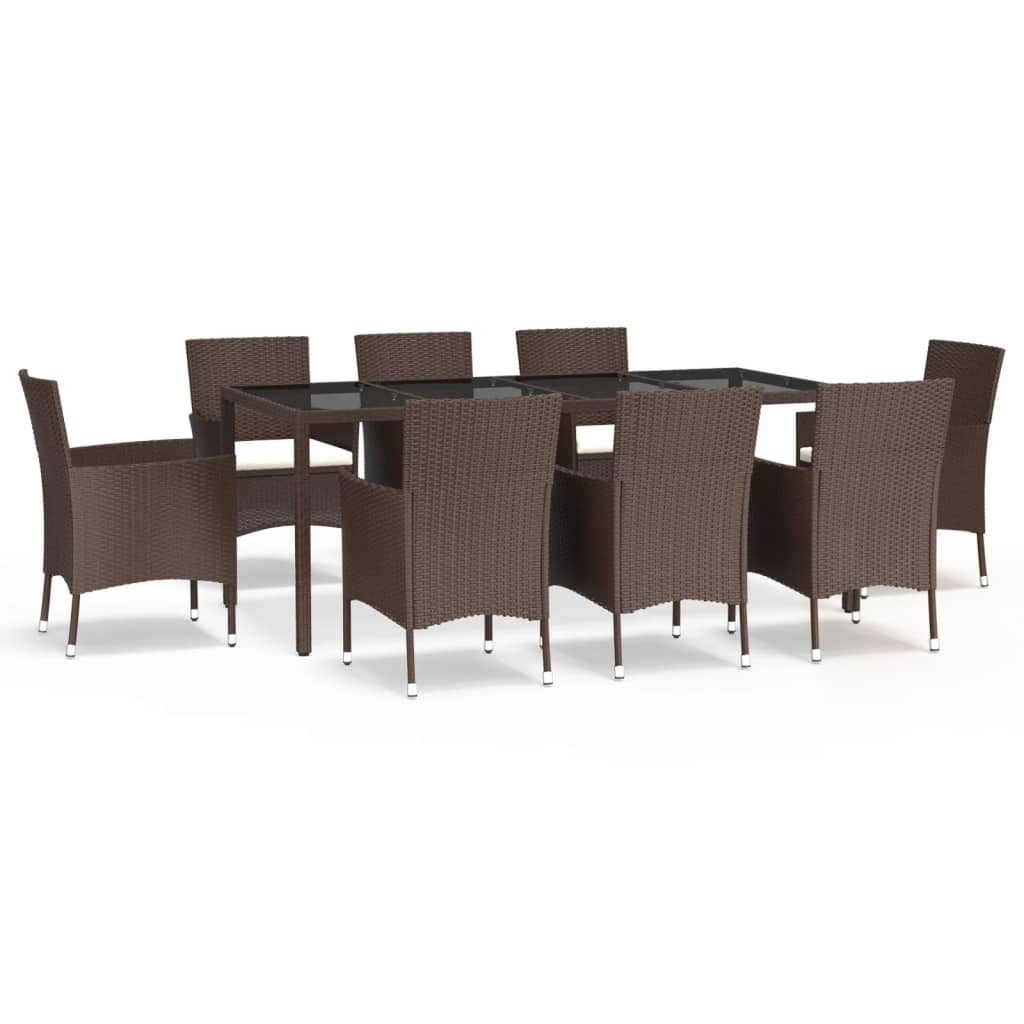 9 Piece Garden Dining Set with Cushions Brown Poly Rattan