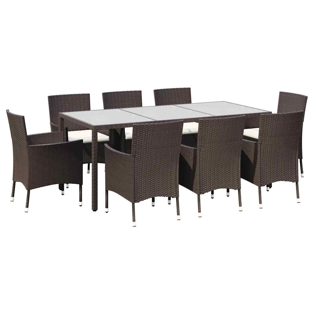 9 Piece Garden Dining Set with Cushions Brown Poly Rattan