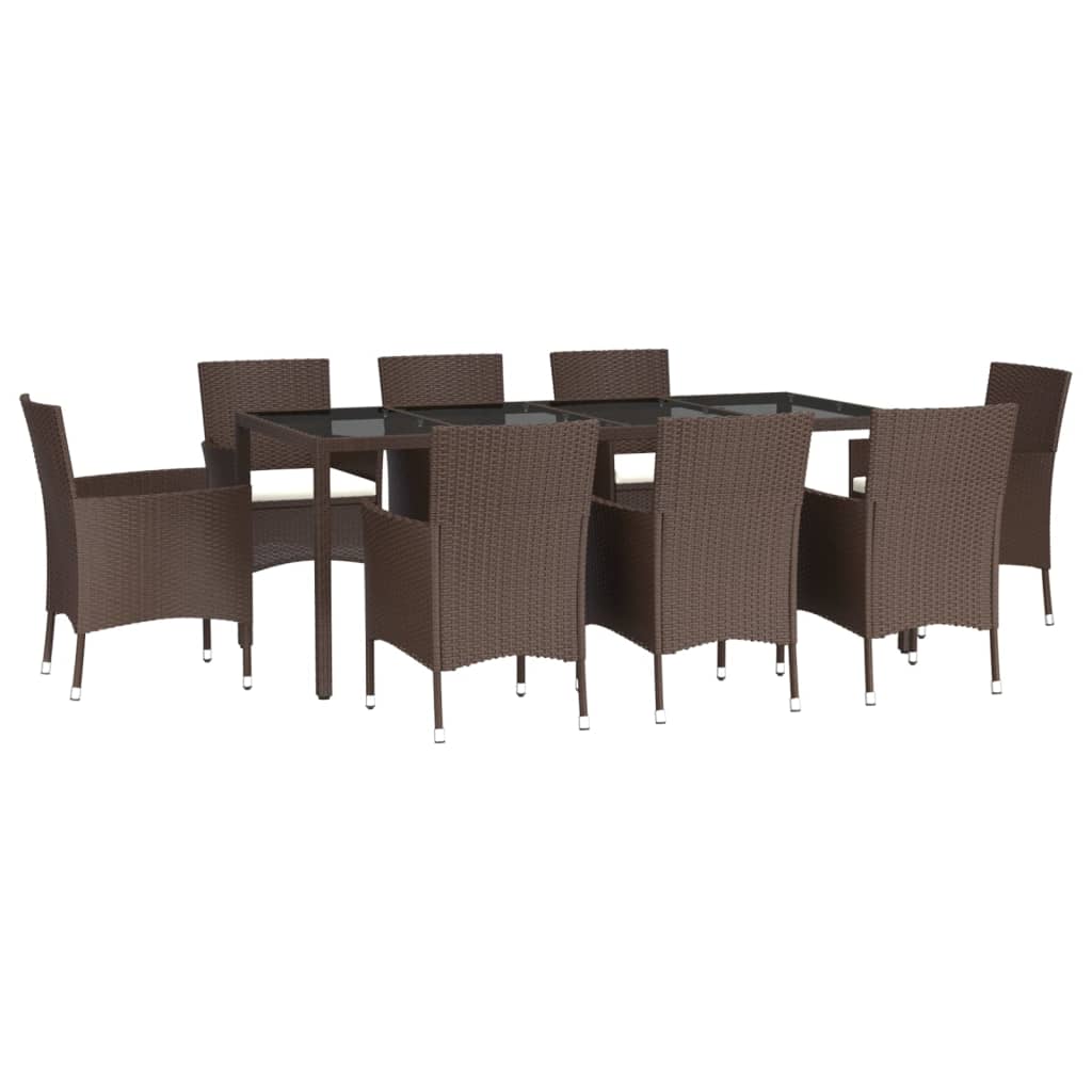 9 Piece Garden Dining Set with Cushions Brown Poly Rattan