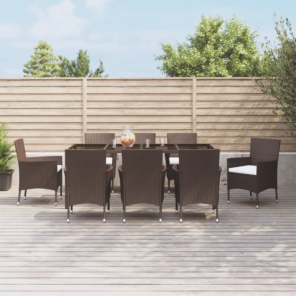 9 Piece Garden Dining Set with Cushions Brown Poly Rattan