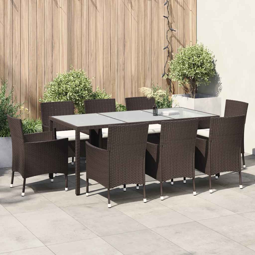 9 Piece Garden Dining Set with Cushions Brown Poly Rattan