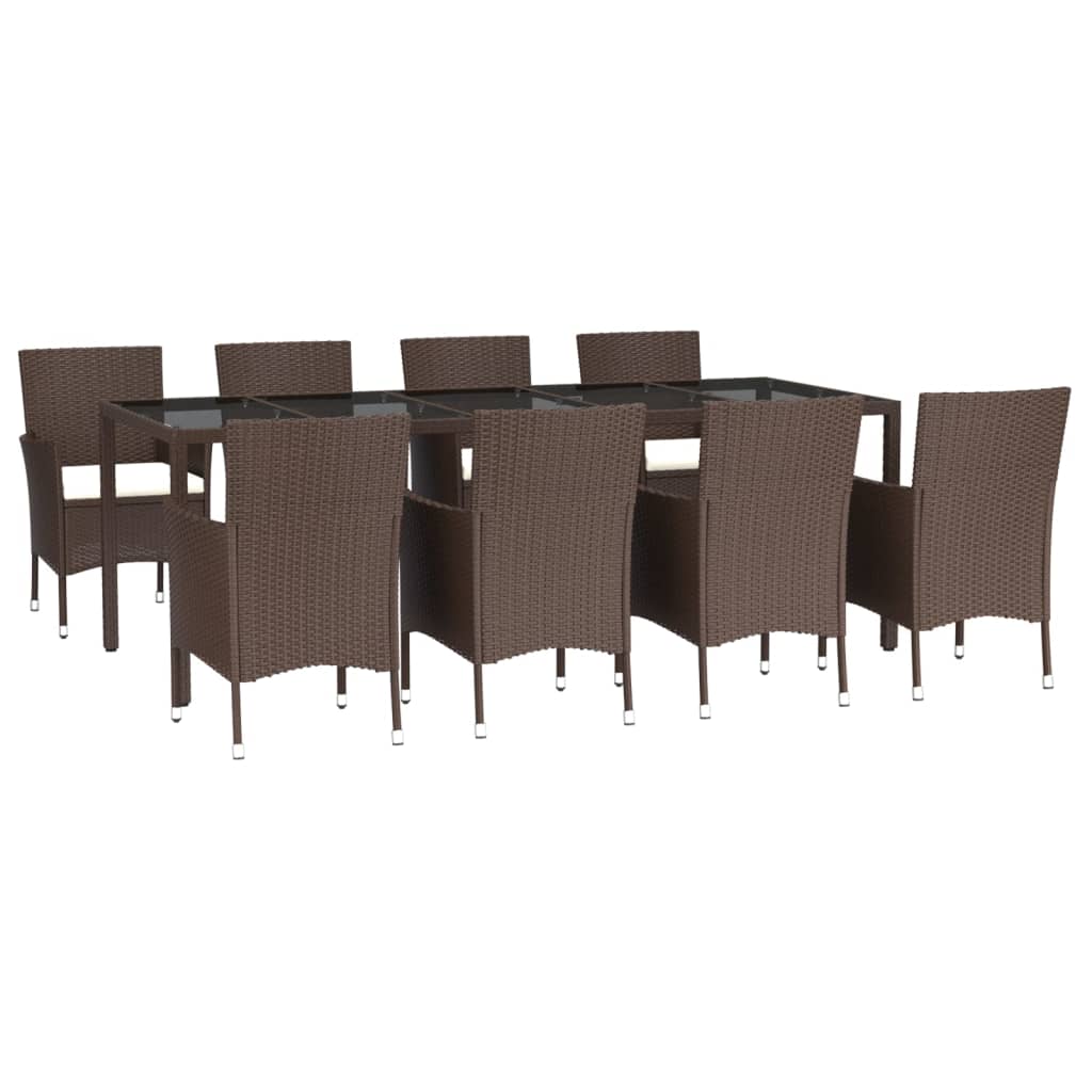 9 Piece Garden Dining Set with Cushions Brown Poly Rattan