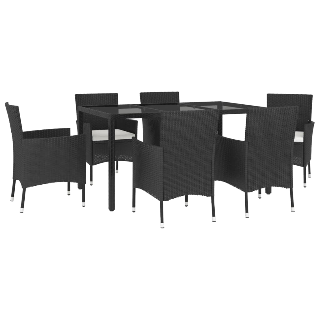 7 Piece Garden Dining Set with Cushions Black Poly Rattan