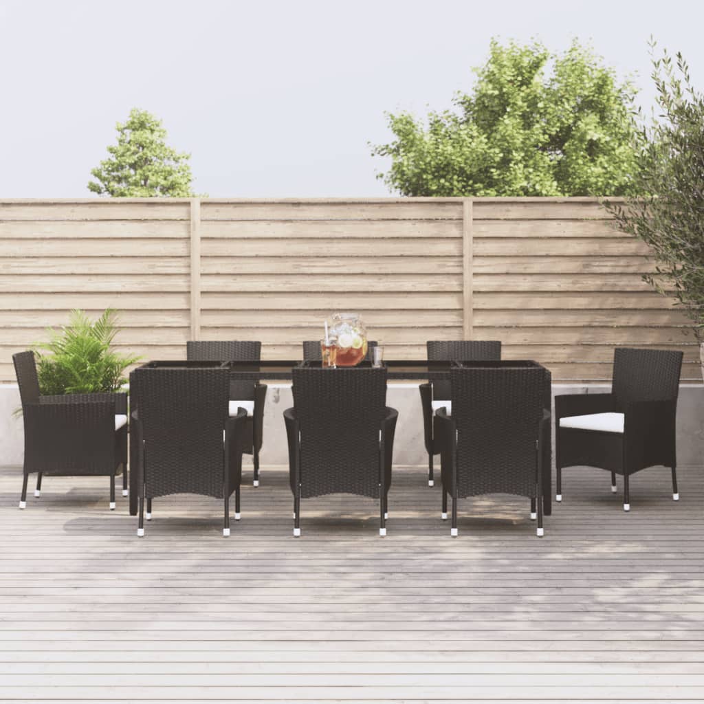 9 Piece Garden Dining Set with Cushions Black Poly Rattan