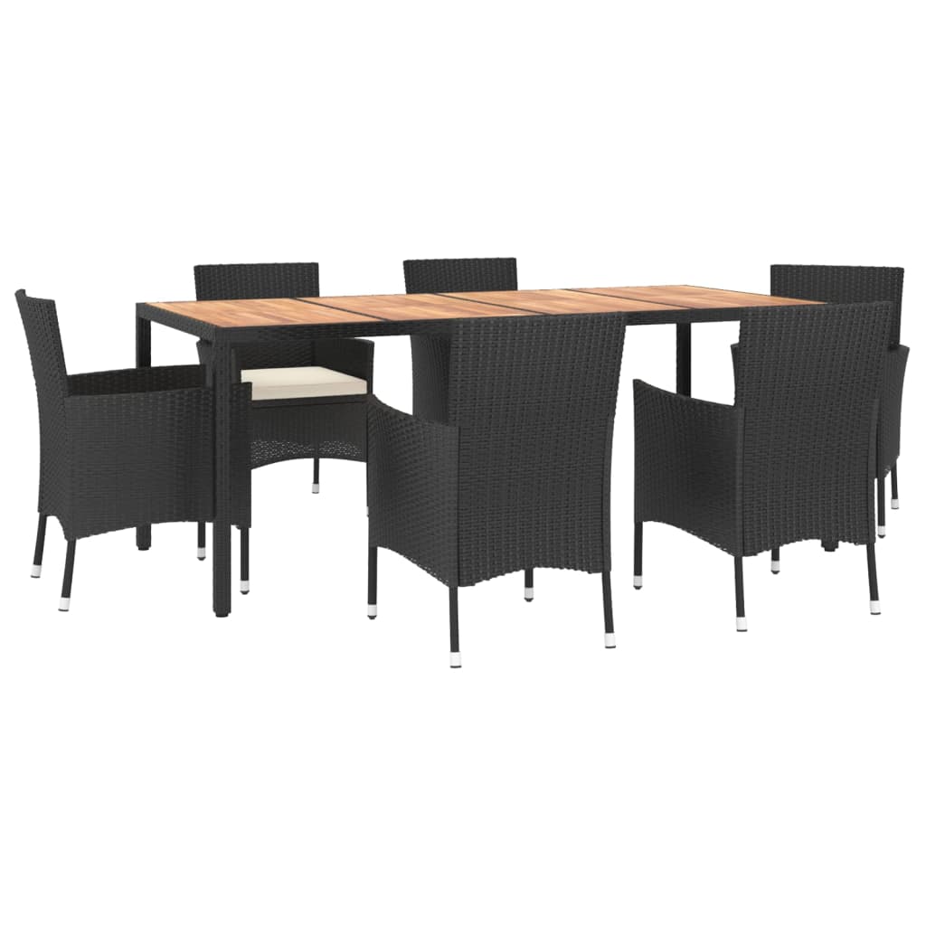 7 Piece Garden Dining Set with Cushions Black Poly Rattan