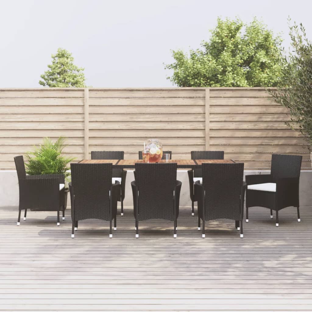 9 Piece Garden Dining Set with Cushions Black Poly Rattan