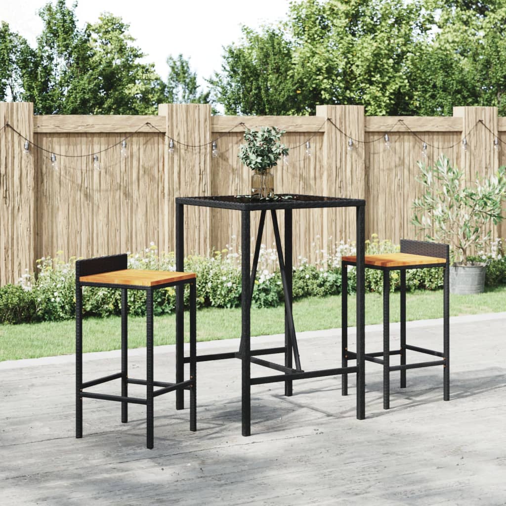 3 Piece Garden Bar Set Black Poly Rattan& Solid Wood Acacia