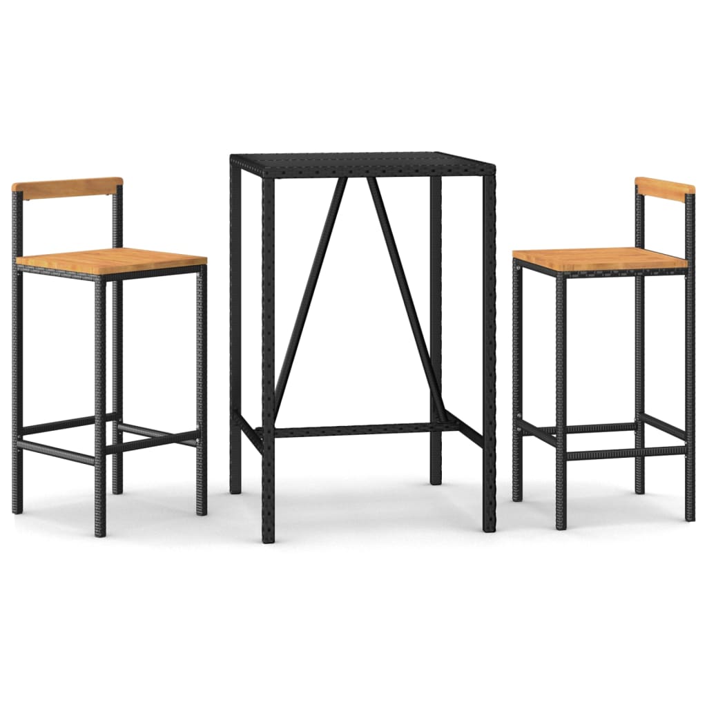 3 Piece Garden Bar Set Black Poly Rattan& Solid Wood Acacia