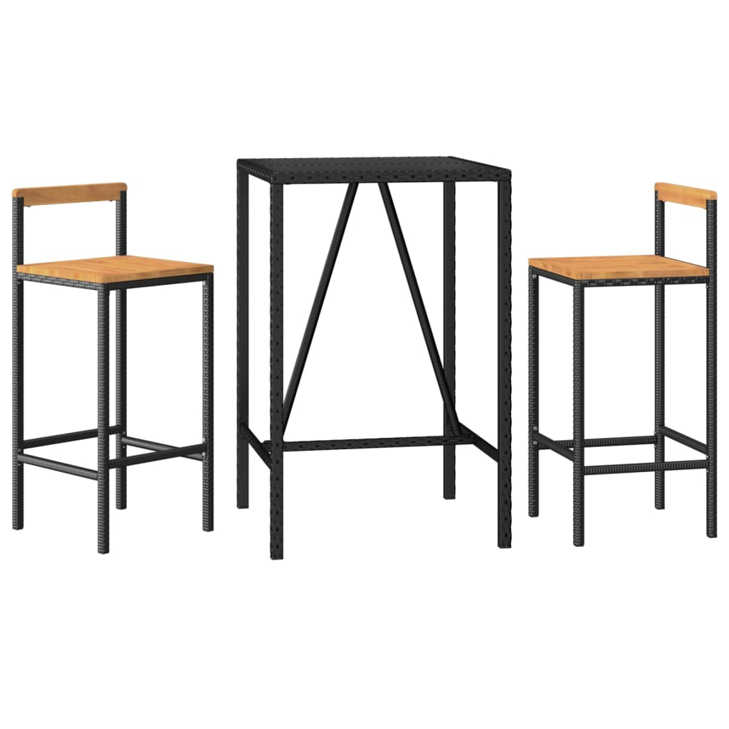 3 Piece Garden Bar Set Black Poly Rattan& Solid Wood Acacia