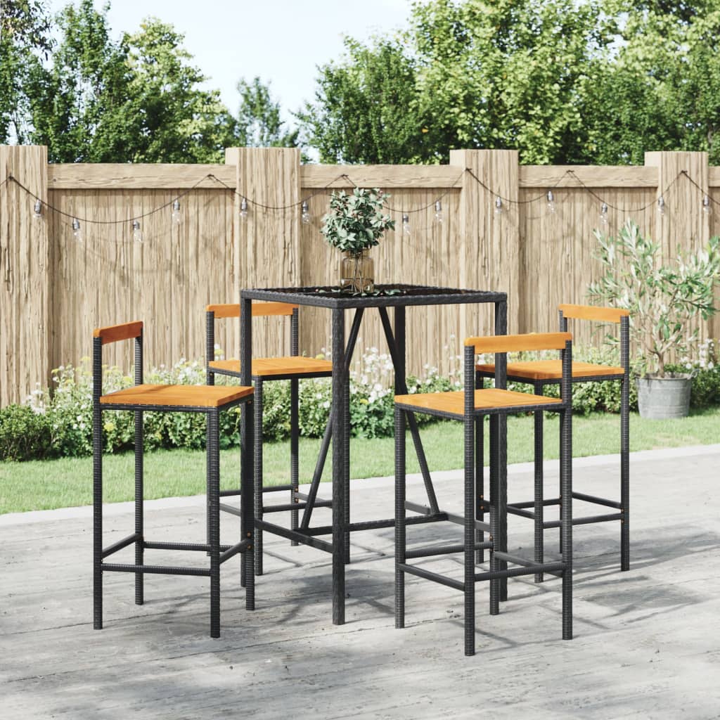 5 Piece Garden Bar Set Black Poly Rattan& Solid Wood Acacia