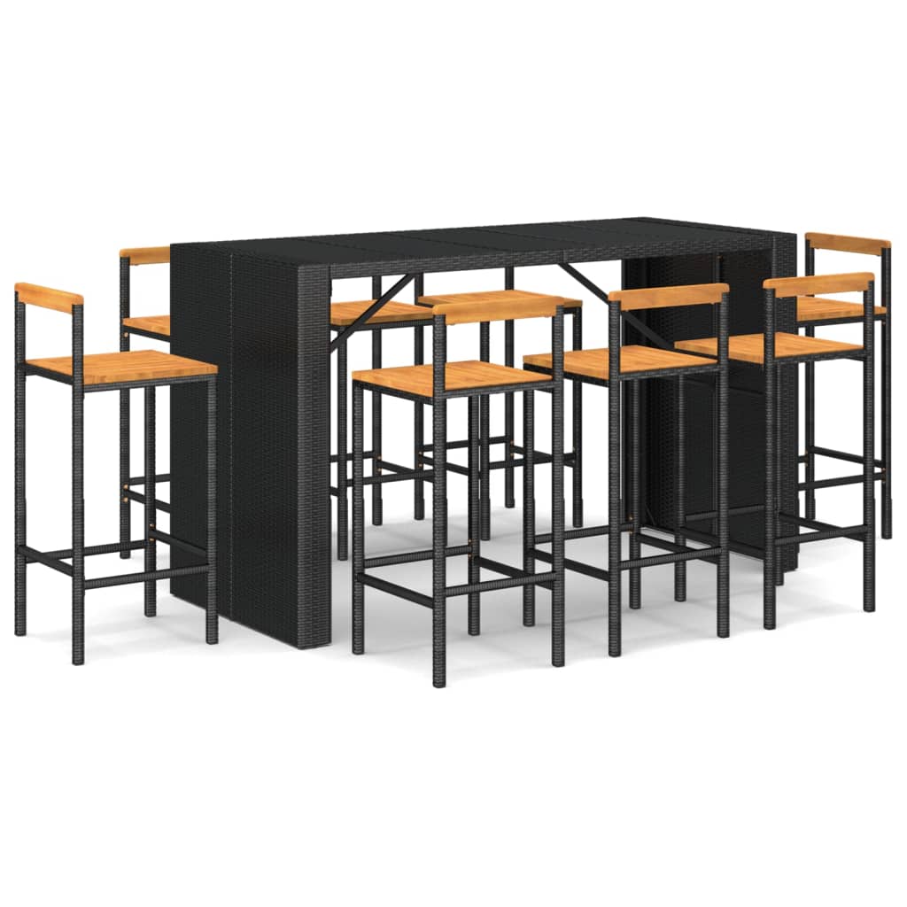 9 Piece Garden Bar Set Black Poly Rattan& Solid Wood Acacia