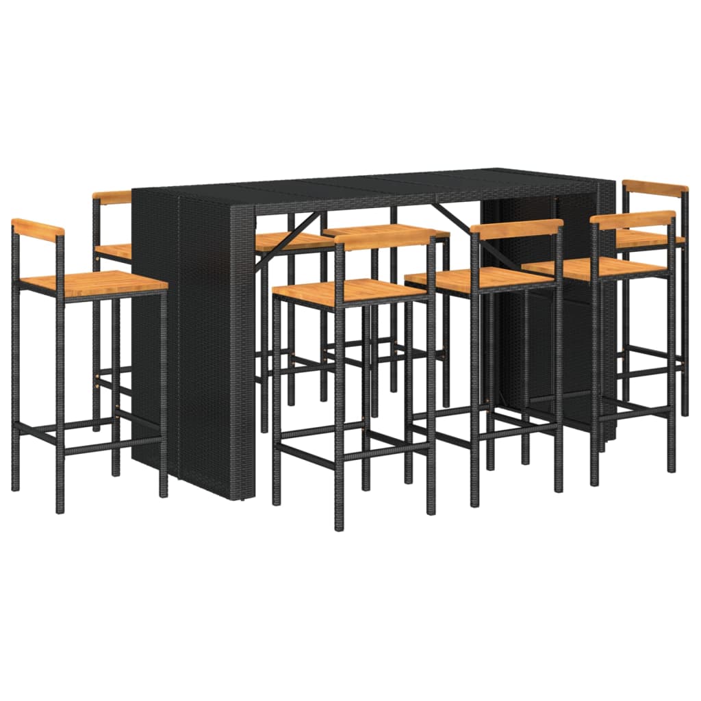 9 Piece Garden Bar Set Black Poly Rattan& Solid Wood Acacia