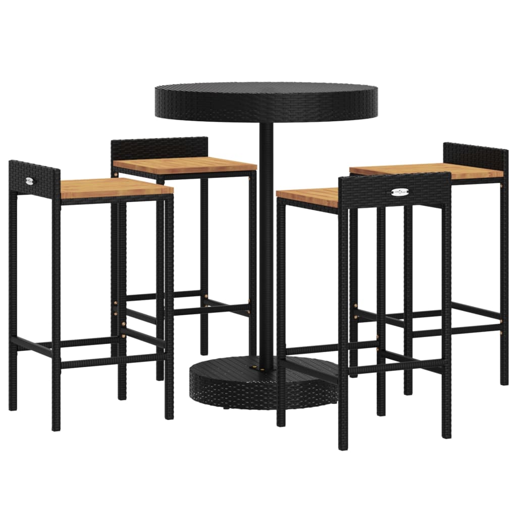 5 Piece Garden Bar Set Black Poly Rattan&Solid Wood Acacia