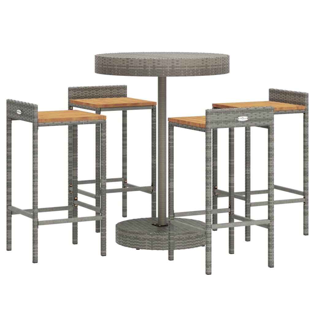 5 Piece Garden Bar Set Grey Poly Rattan&Solid Wood Acacia