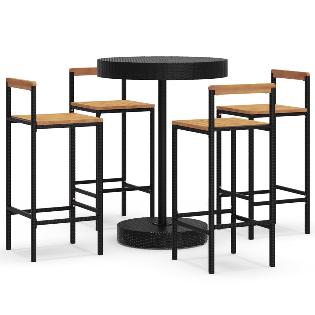 5 Piece Garden Bar Set Black Poly Rattan&Solid Wood Acacia