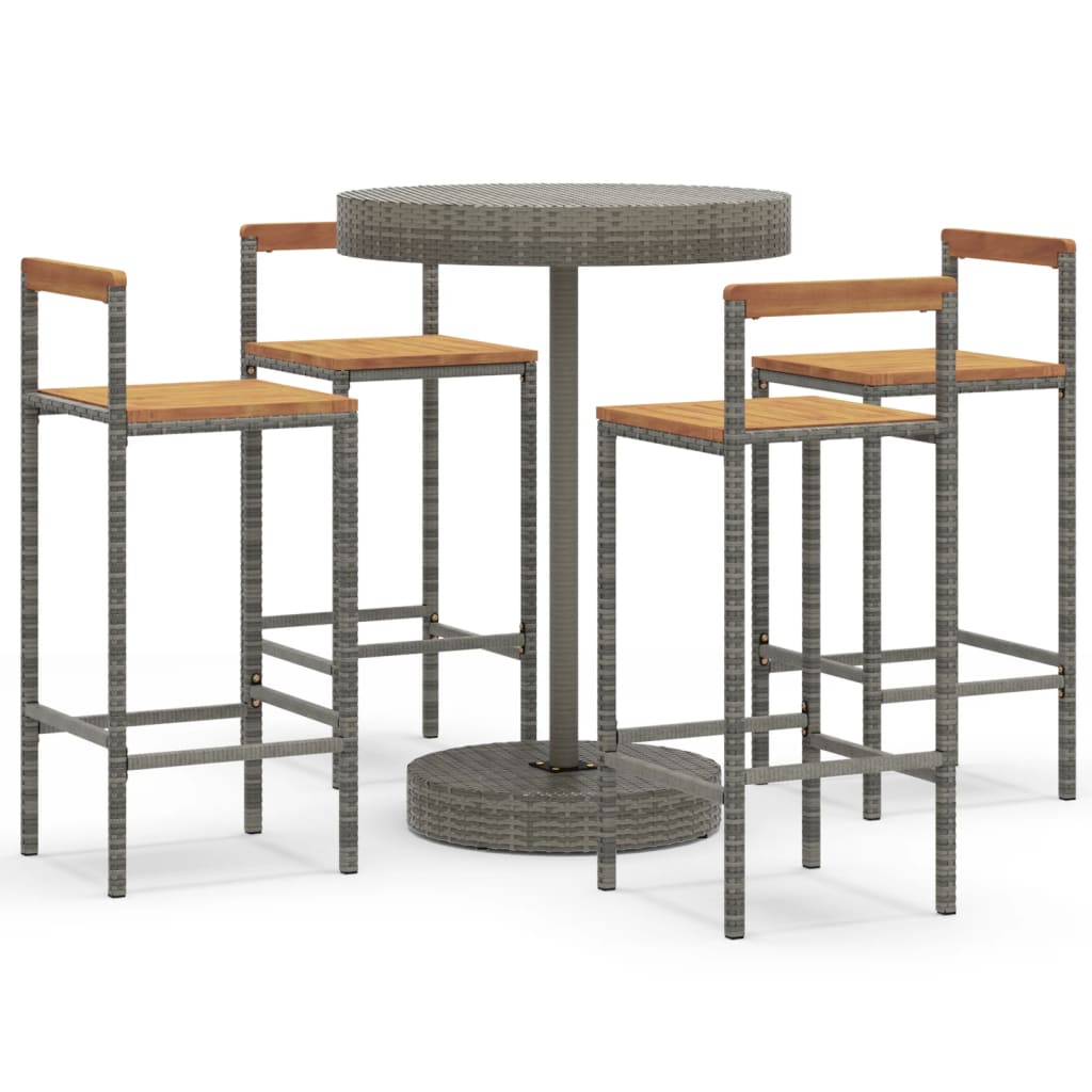 5 Piece Garden Bar Set Grey Poly Rattan&Solid Wood Acacia