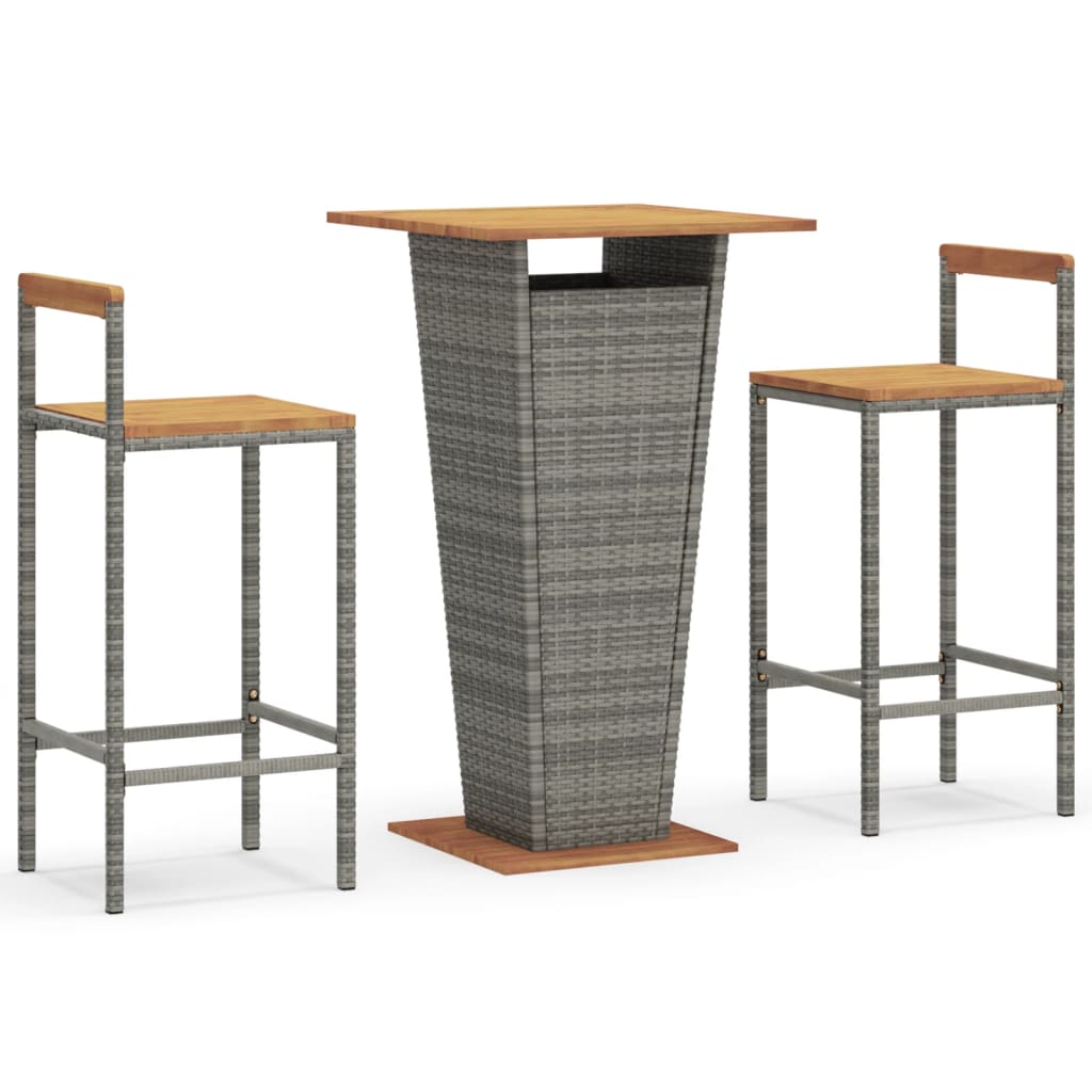 3 Piece Garden Bar Set Grey Poly Rattan&Solid Wood Acacia