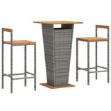 3 Piece Garden Bar Set Grey Poly Rattan&Solid Wood Acacia