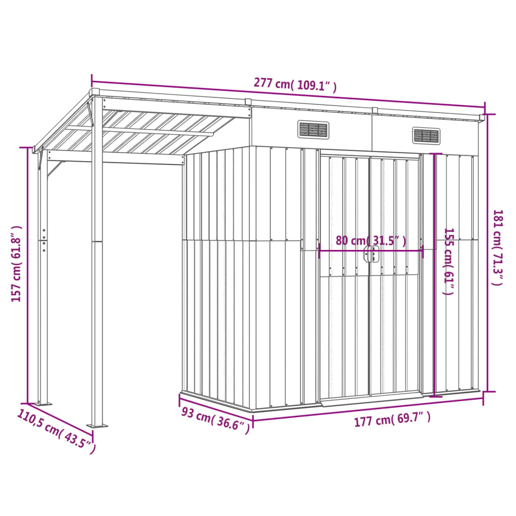 Garden Shed with Extended Roof Brown 277x110.5x181 cm Steel