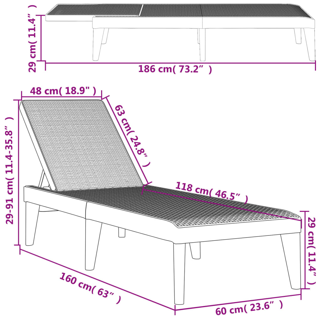 Sun Lounger White 186x60x29 cm PP