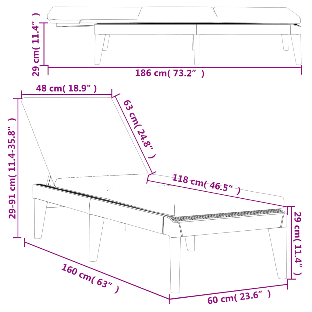 Sun Lounger with Cushion Anthracite 186x60x29 cm PP