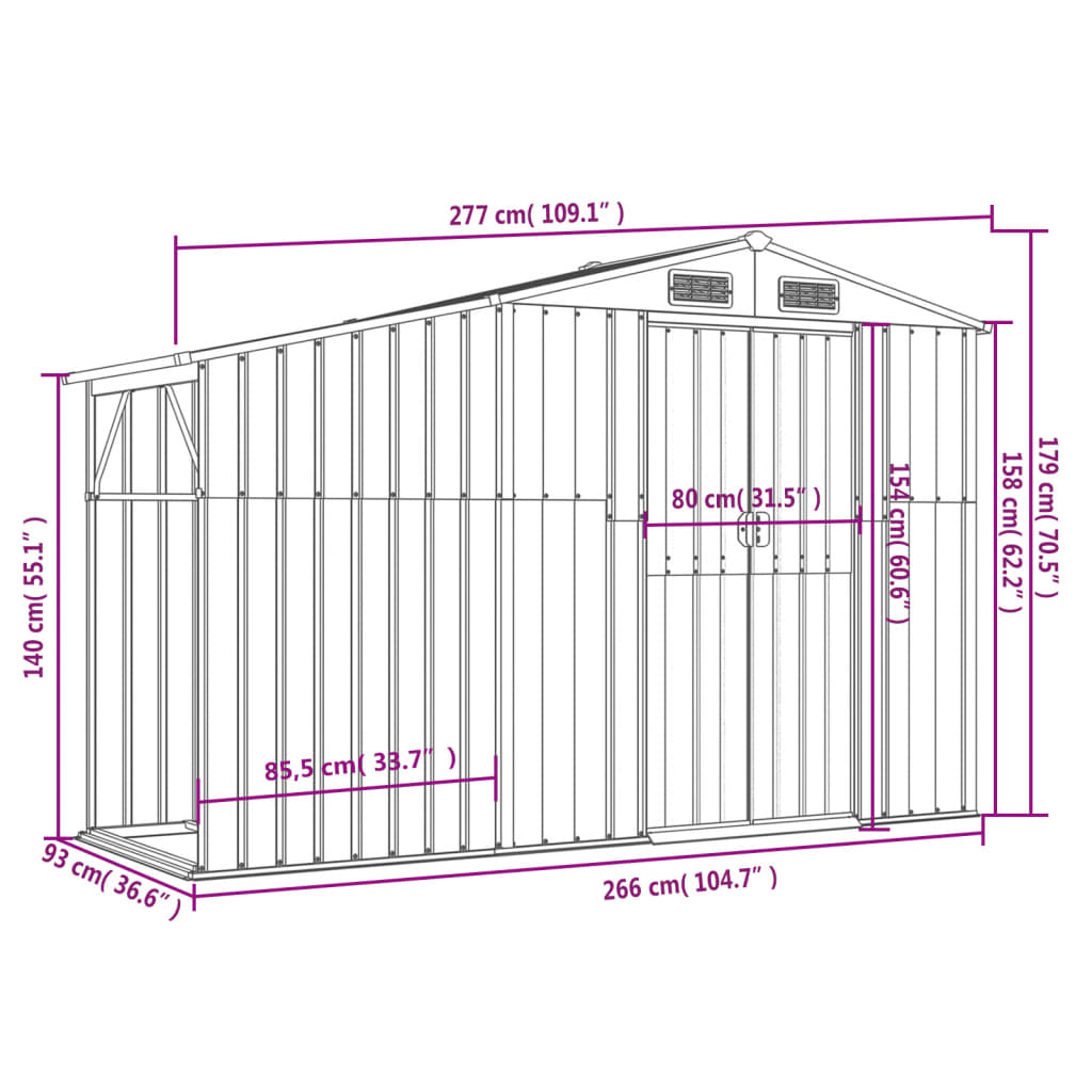 Garden Shed Green 277x93x179 cm Galvanised Steel