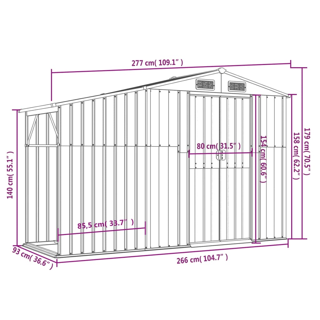 Garden Shed Anthracite 277x93x179 cm Galvanised Steel