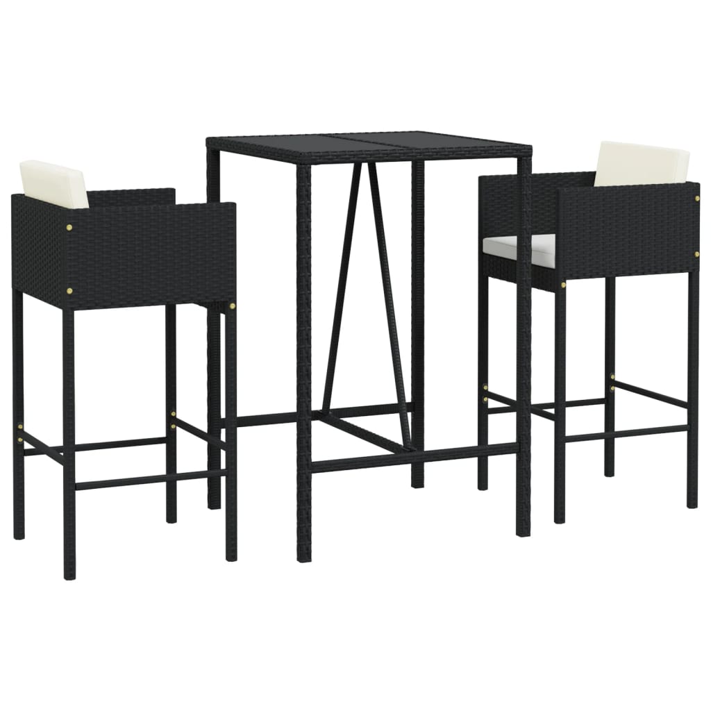 3 Piece Garden Bar Set with Cushions Black Poly Rattan