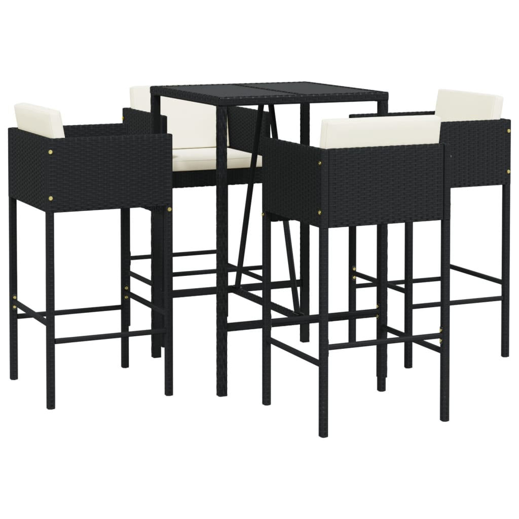 5 Piece Garden Bar Set with Cushions Black Poly Rattan