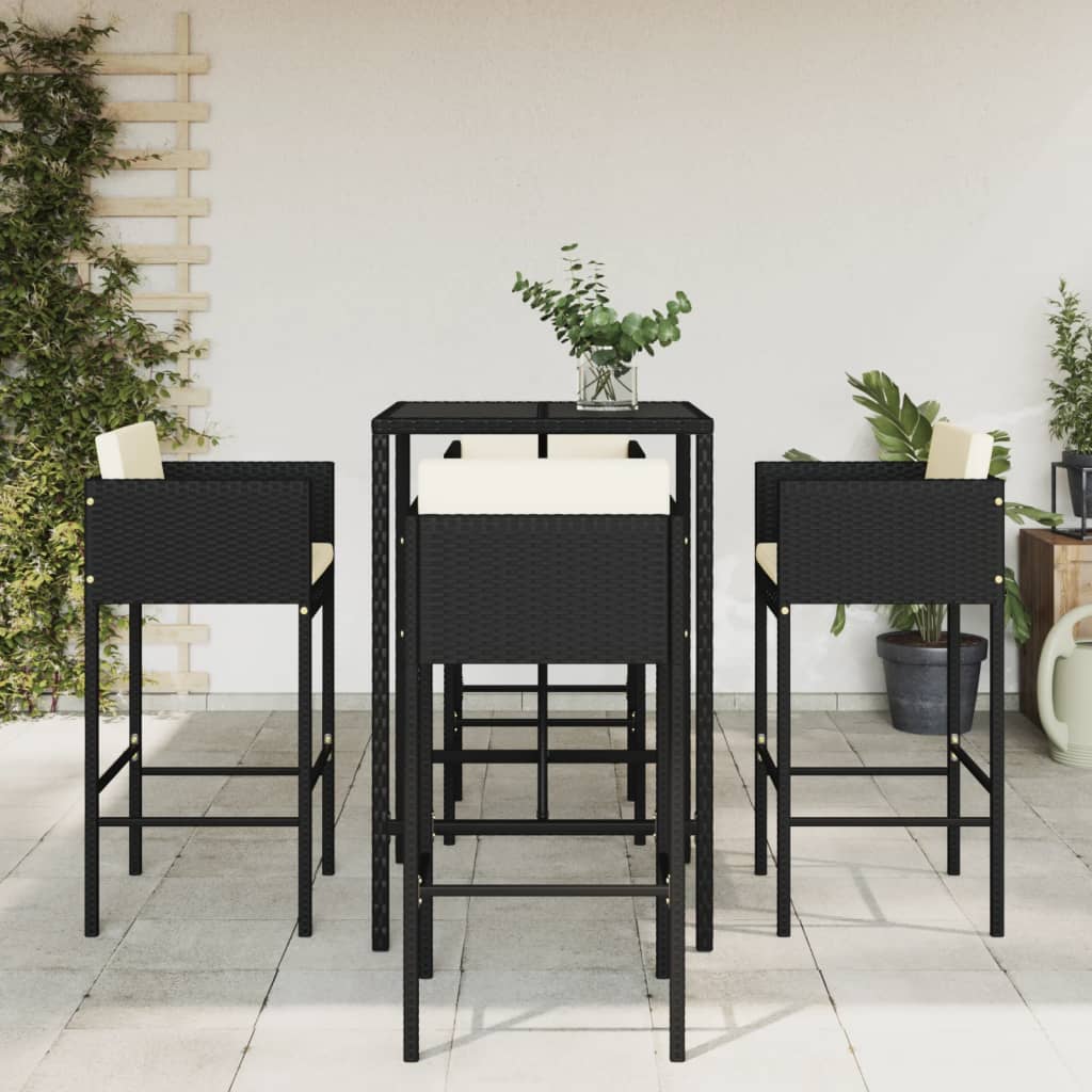 5 Piece Garden Bar Set with Cushions Black Poly Rattan