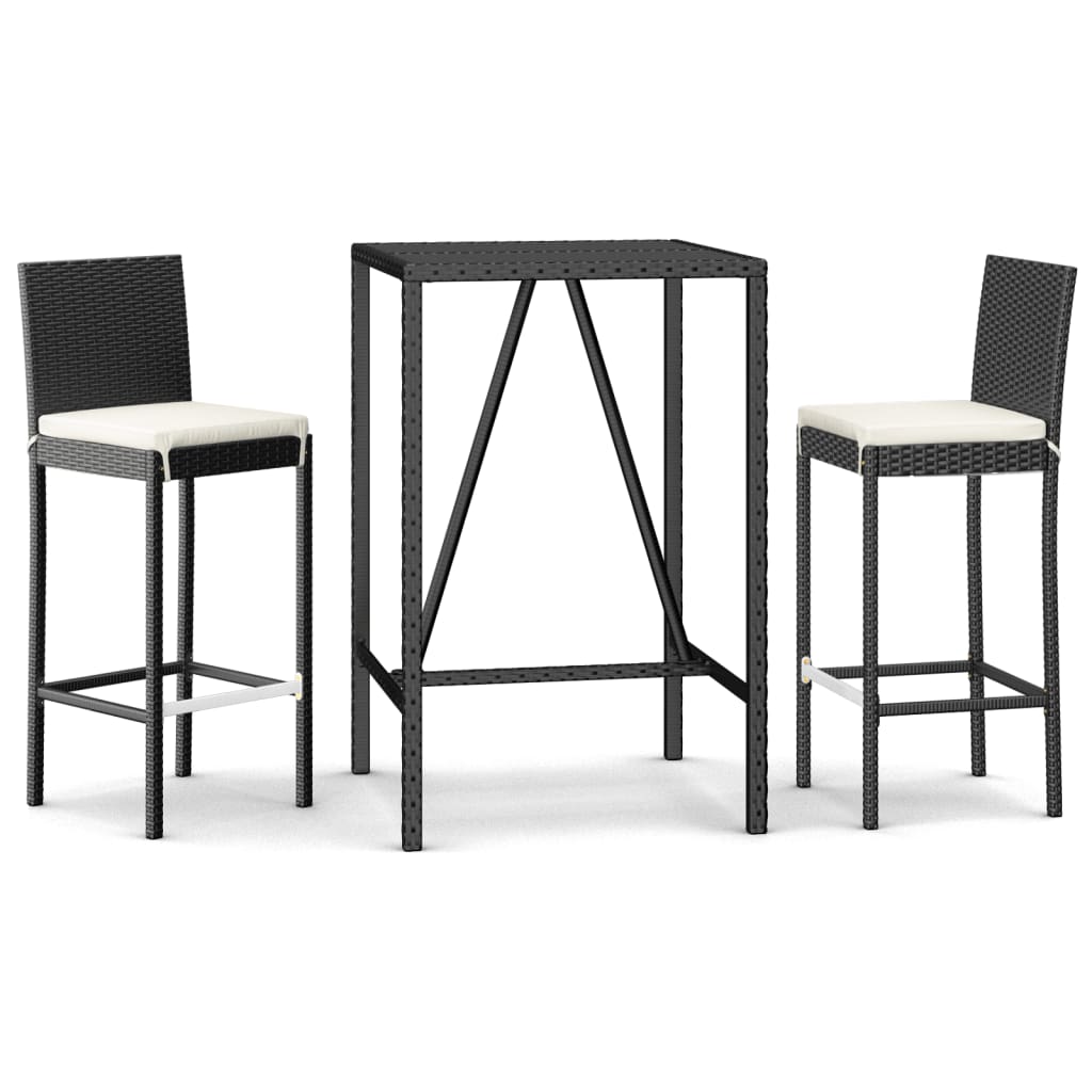 3 Piece Garden Bar Set with Cushions Black Poly Rattan