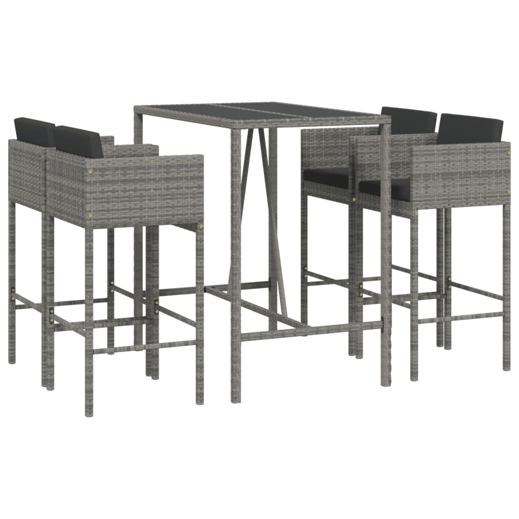 5 Piece Garden Bar Set with Cushions Grey Poly Rattan